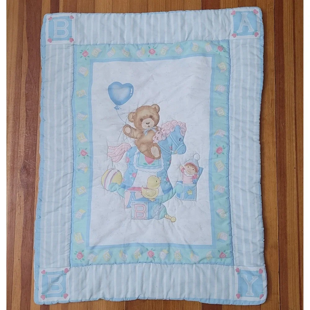 Vintage Little Bedding Red Calliope Rocking Horse Teddy Bear Baby Blanket 1993